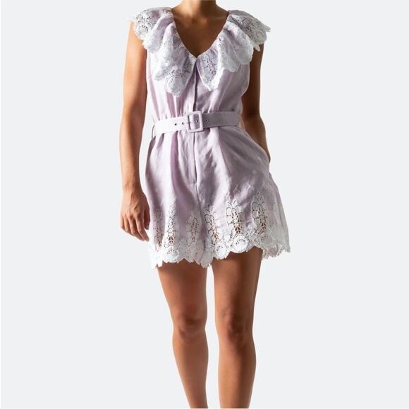 Miguelina 100 % linen crochet lace detailed lavender romper, M - Picture 2 of 16